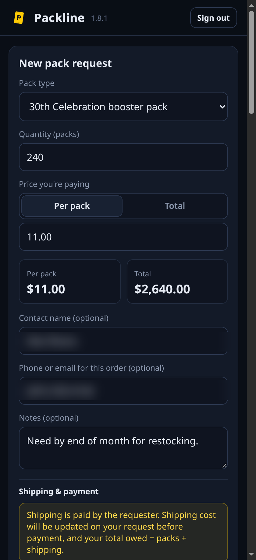 Your Packline home — new request form up top, every open order listed below.