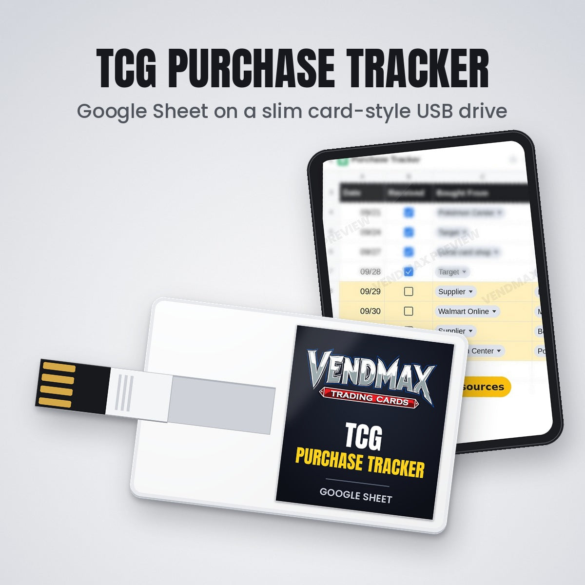VendMax TCG Purchase Tracker Google Sheet on a slim white card-style USB drive with a VendMax sticker, next to the tracker open in Google Sheets on a tablet