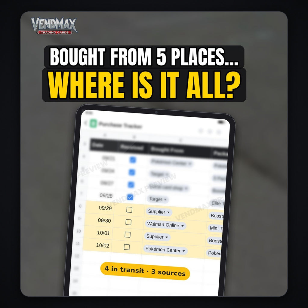 TCG Purchase Tracker: bought from 5 places, where is it all? In-transit orders highlighted in the tracker