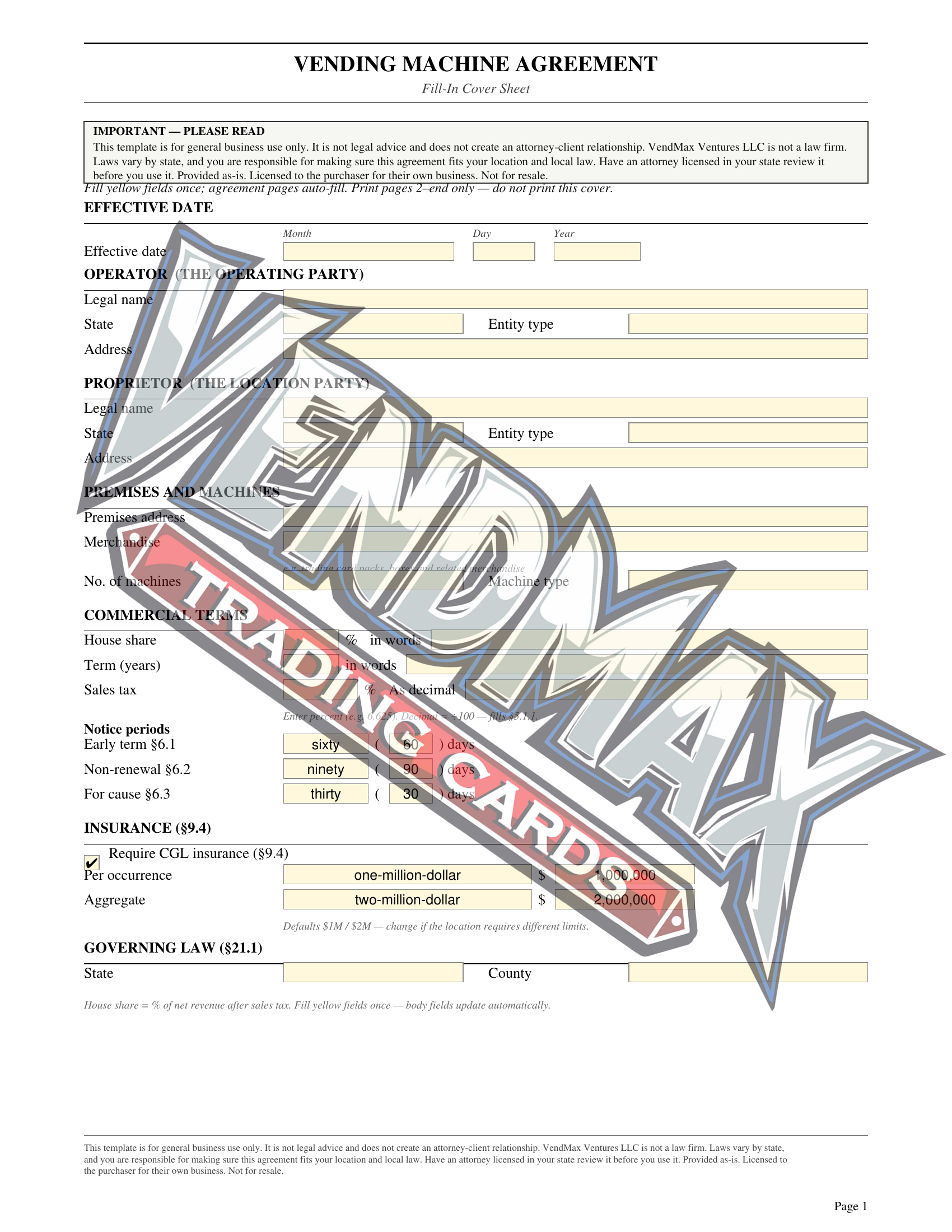 Agreement cover sheet with VendMax watermark